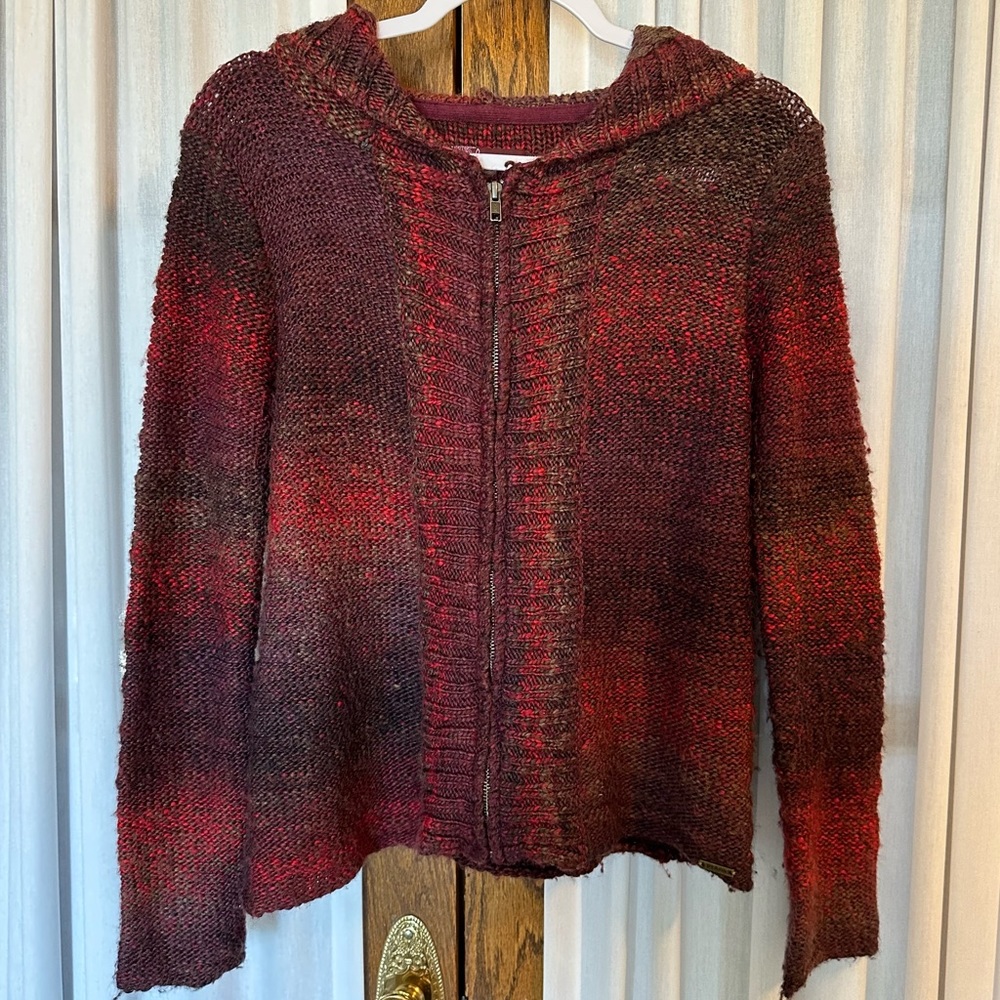 Prana Burgundy Red Multi Stripe Zipper Front Hooded Cardigan Sweater